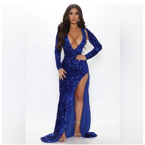 Fashion Nova Royal Blue Jaw Dropper Sequin Maxi Dress Size Large Long Sleeves - Picture 1 of 7